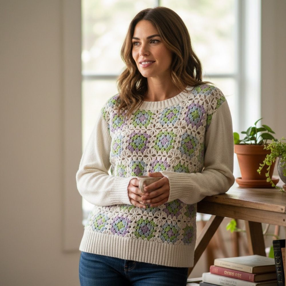 Design History Crochet Granny Square Sweater sz Medium NWT